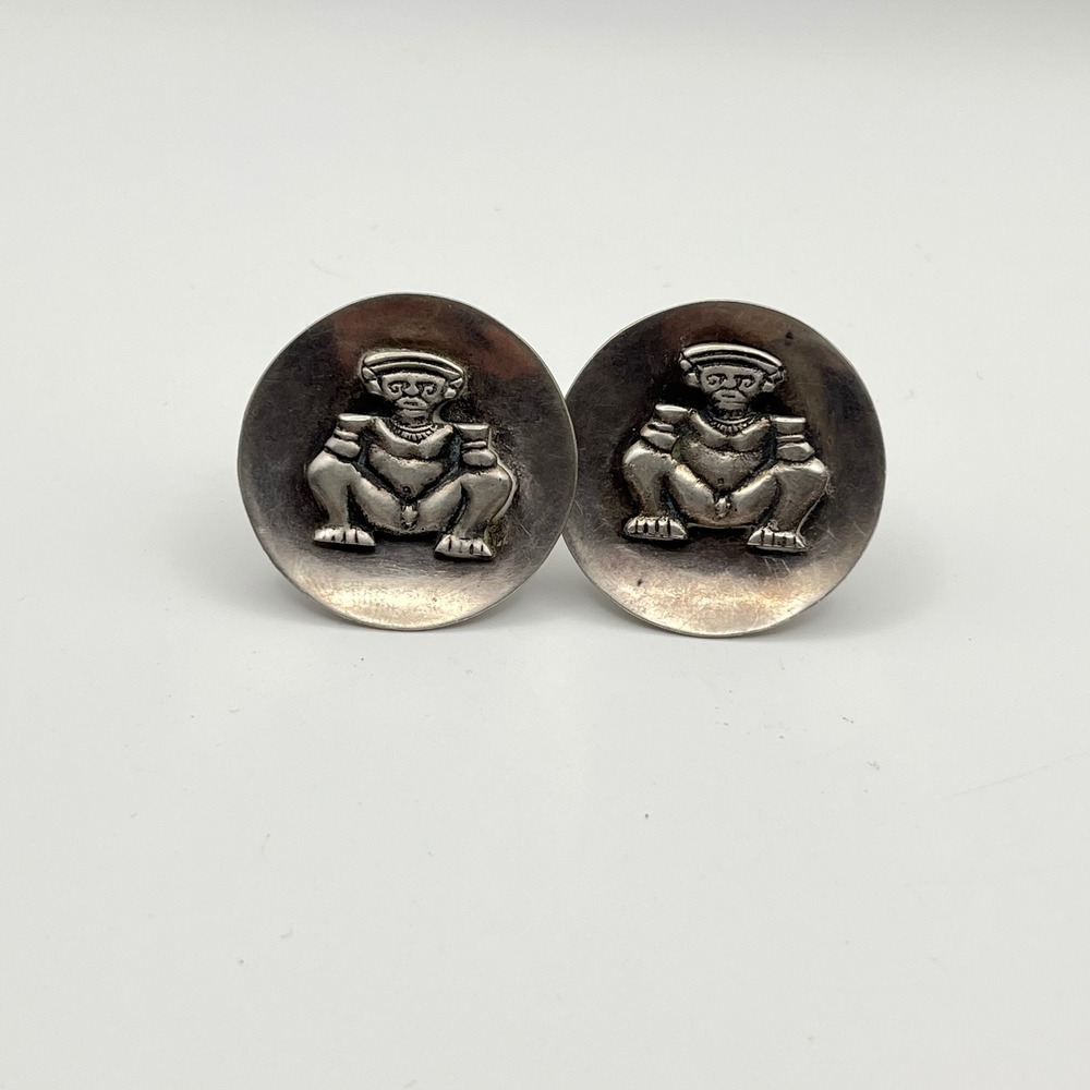 Vintage Pre-Columbian Style Deity Warrior Clip On Earrings Silver‎ Tone Round